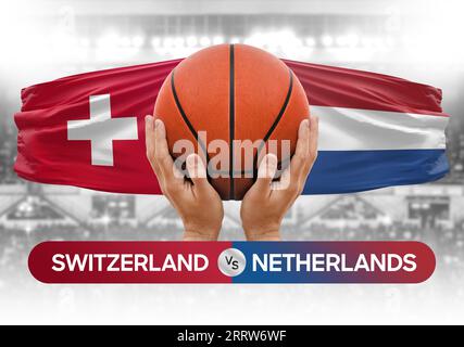 Immagine concettuale della coppa di gara della partita di pallacanestro della Svizzera contro le squadre nazionali di pallacanestro dei Paesi Bassi Foto Stock