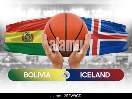 Immagine concettuale della Coppa di gara di pallacanestro delle squadre nazionali di pallacanestro Bolivia vs Islanda Foto Stock