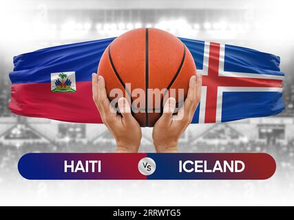 Immagine concettuale della Coppa di gara delle partite di pallacanestro tra le squadre nazionali di pallacanestro Haiti e Islanda Foto Stock