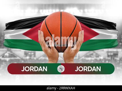 Immagine concettuale della coppa di gara della partita di pallacanestro delle squadre nazionali Jordan vs Jordan Foto Stock