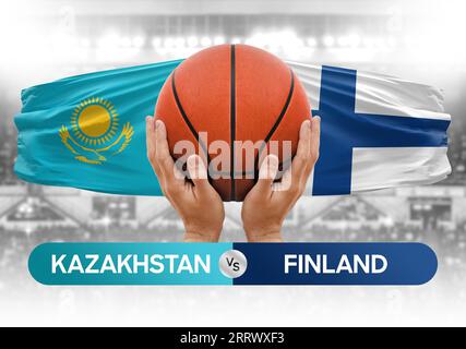 Immagine concettuale della coppa di gara delle partite di pallacanestro delle squadre nazionali kazako vs Finlandia Foto Stock