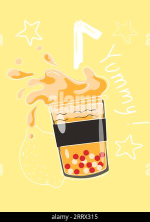 Bubble tea. Bevanda fredda alla frutta dell'arancia o della pesca con polpette di tapioca. Bevanda tropicale asiatica estiva. Frullato da asporto. Popolare latte perlato dolce. Liquido Illustrazione Vettoriale