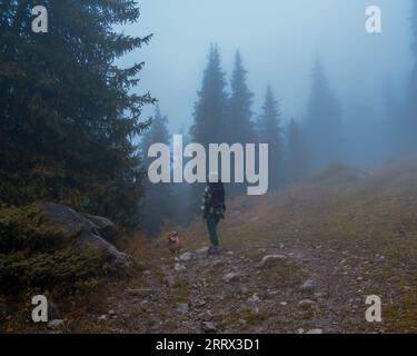 Donna turistica con zaino e cane viaggia in nebbia e nella suggestiva foresta di montagna in autunno Foto Stock