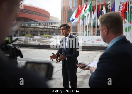 RITRASMETTERE LA DATA DI CORREZIONE il primo ministro Rishi Sunak parla ai media durante il vertice del G20 a nuova Delhi, in India. Data immagine: Sabato 9 settembre 2023. Foto Stock