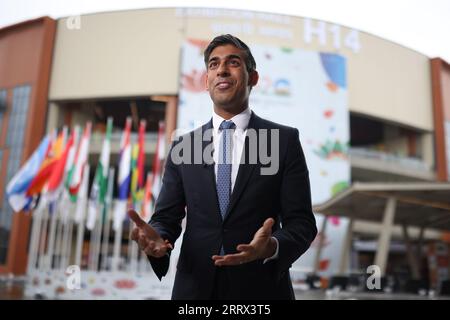 RITRASMETTERE LA DATA DI CORREZIONE il primo ministro Rishi Sunak parla ai media durante il vertice del G20 a nuova Delhi, in India. Data immagine: Sabato 9 settembre 2023. Foto Stock