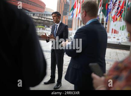 RITRASMETTERE LA DATA DI CORREZIONE il primo ministro Rishi Sunak parla ai media durante il vertice del G20 a nuova Delhi, in India. Data immagine: Sabato 9 settembre 2023. Foto Stock