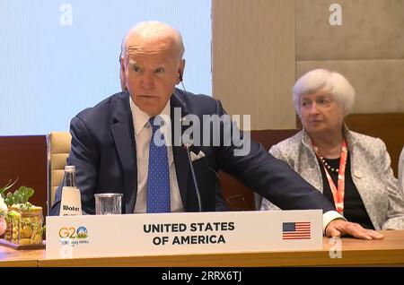 Nuova Delhi, India. 9 settembre 2023. Il presidente DEGLI STATI UNITI Joe Biden partecipa a una sessione nell'ambito del G20 Leaders' Summit, che si terrà a nuova Delhi, in India, sabato 9 settembre, 2023. foto di G20 India/ credito: UPI/Alamy Live News Foto Stock