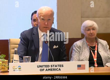 Nuova Delhi, India. 9 settembre 2023. Il presidente DEGLI STATI UNITI Joe Biden partecipa a una sessione nell'ambito del G20 Leaders' Summit, che si terrà a nuova Delhi, in India, sabato 9 settembre, 2023. foto di G20 India/ credito: UPI/Alamy Live News Foto Stock