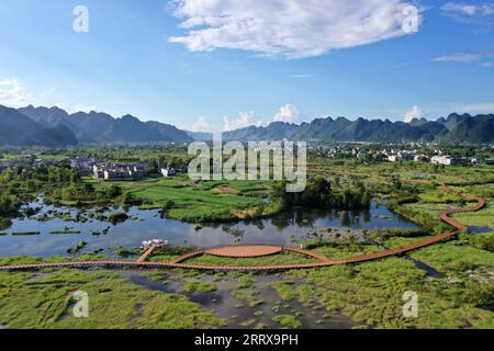 230831 -- NANNING/GUIYANG, 31 agosto 2023 -- questa foto aerea scattata il 31 agosto 2021 mostra una vista del Parco nazionale delle paludi di Chengjiang nella contea autonoma di Du An Yao, nella regione autonoma di Guangxi Zhuang nel sud della Cina. Xinhua titoli: La rete ferroviaria ad alta velocità si estende alle regioni carsiche della Cina meridionale LuxBoan PUBLICATIONxNOTxINxCHN Foto Stock