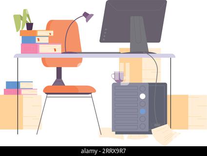 Postazione di lavoro con libri e fogli di carta isolati su sfondo bianco Illustrazione Vettoriale
