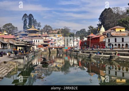 Tempio Pashupatinath, un grande complesso di templi indù dedicato a Shiva sulle rive del fiume Bagmati. I corpi allineati lungo la riva sinistra attendono la cremazione Foto Stock