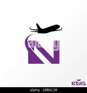 Design del logo concetto grafico astratto creativo firma vettoriale premium lettera iniziale carattere N con aereo volante. Monogramma tipografico correlato aviazione Illustrazione Vettoriale