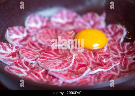 Filetto di manzo, con tuorlo servito in una ciotola. Preparato per pentola calda, shabu stile asiatico Foto Stock