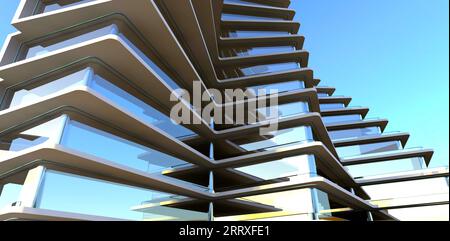 Banner pubblicitario immobiliare della facciata in vetro dell'edificio di appartamenti avanzato. rendering 3d. Foto Stock