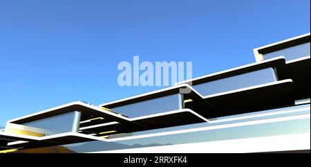 Il concetto di architettura futuristica. Edificio di appartamenti con finestre panoramiche riflettenti. rendering 3d. Foto Stock