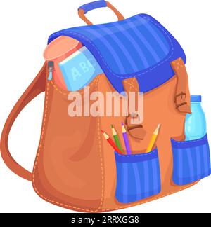 Zaino scolastico pieno di provviste. Icona cartoni animati Kid bag isolata su sfondo bianco Illustrazione Vettoriale