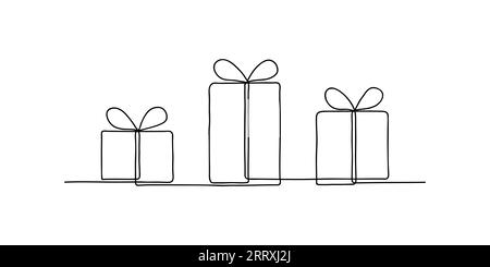 Confezione regalo con nastro e fiocco. Regalo per Natale, compleanno e altre festività. Illustrazione vettoriale. Disegno continuo a una linea. Art. Linea Illustrazione Vettoriale