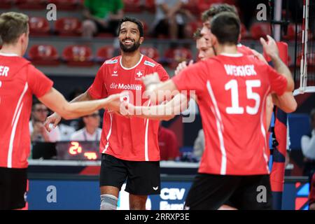 Ancona, Italia. 6 settembre 2023. La Svizzera festeggia durante la giornata finale 8 del CEV maschile Eurovolley 2023 tra Svizzera e Belgio. La nazionale belga batte la Svizzera con un punteggio di 3-0 (foto di Davide di Lalla/SOPA Images/Sipa USA) credito: SIPA USA/Alamy Live News Foto Stock