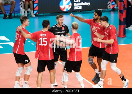 Ancona, Italia. 6 settembre 2023. La Svizzera festeggia durante la giornata finale 8 del CEV maschile Eurovolley 2023 tra Svizzera e Belgio. La nazionale belga batte la Svizzera con un punteggio di 3-0 (foto di Davide di Lalla/SOPA Images/Sipa USA) credito: SIPA USA/Alamy Live News Foto Stock