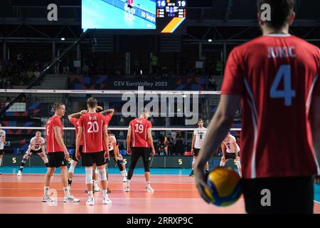 Ancona, Italia. 6 settembre 2023. Nazionale svizzera vista durante la giornata finale 8 del CEV Eurovolley 2023 maschile tra Svizzera e Belgio. La nazionale belga batte la Svizzera con un punteggio di 3-0 (foto di Davide di Lalla/SOPA Images/Sipa USA) credito: SIPA USA/Alamy Live News Foto Stock