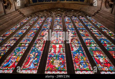 La grande finestra Est nella Cattedrale di Carlisle, Carlisle, Cumbria Foto Stock