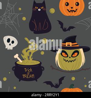 Modello di simpatici gatti e strega in stile piatto. Illustrazione Vettoriale