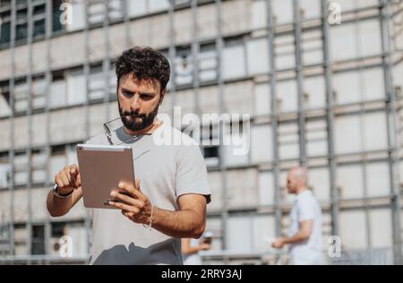 Gruppo di professionisti, tra cui architetti e ingegneri, che discutono di progetti e schizzi all'aperto. Collaborano a una costruzione moderna di successo Foto Stock