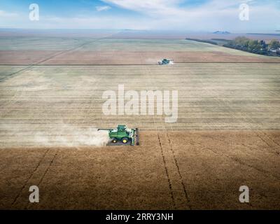 Rocky View County Alberta Canada, 03 settembre 2023: La coppia aerea di John Deere combina la raccolta di un campo di grano con percorsi di polvere sul Prai canadese Foto Stock