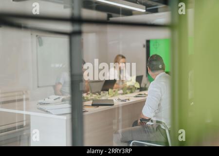 Un team aziendale eterogeneo analizza statistiche, pianifica la crescita dei profitti e collabora allo sviluppo di progetti in un ufficio moderno. Foto Stock