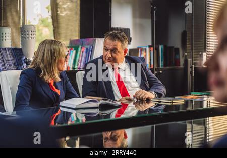 Colleghi senior, uomini e donne, discutono di un nuovo progetto in riunione nella moderna sala conferenze Foto Stock