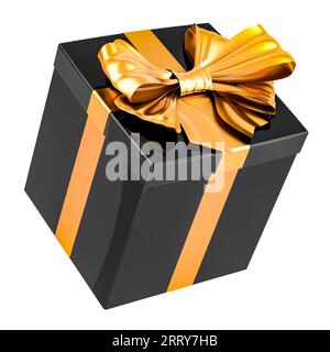 Confezione regalo nera con nastro e fiocco dorati. Rendering 3D isolato su sfondo bianco Foto Stock