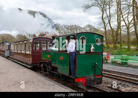 Treno a vapore alla stazione di Woody Bay sulla Lynton and Barnstaple Railway, Devon, Regno Unito: La locomotiva è "Axe", una classe Joffre costruita a Stoke-on-Trent Foto Stock