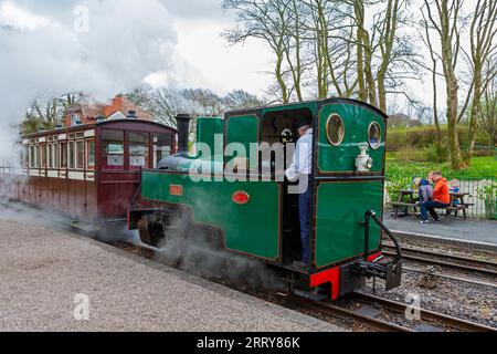 Locomotiva a vapore "Axe" che tira un treno dalla stazione di Woody Bay sulla Lynton and Barnstaple Railway, Devon, Regno Unito. Foto Stock