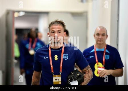 Wroclaw, Polonia. 9 settembre 2023. WROCLAW, POLONIA - 9 SETTEMBRE 2023 - il centrocampista inglese Kalvin Phillips arriva alla Tarczynski Arena davanti alla partita di qualificazione UEFA EURO 2024 del giorno 5 del girone C contro l'Ucraina, Breslavia, Polonia. Credito: Ukrinform/Alamy Live News Foto Stock