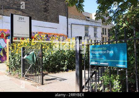 Haggerston Park, vicino alla Hackney City Farm, nella zona est di Londra, Regno Unito Foto Stock