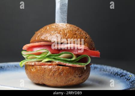un panino a forma di pane di grano saraceno hamburger di prosciutto salsiccia, cetriolo e verdure di pomodoro su un piatto di ernomphone con un posto per il testo. fatto in casa velocemente Foto Stock