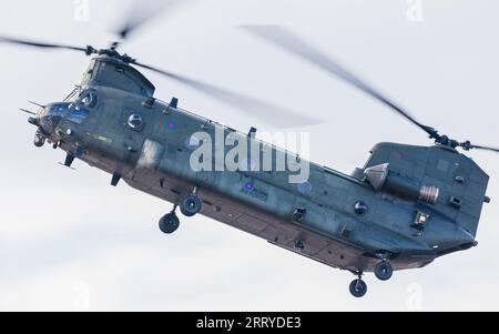 Un elicottero Chinook HC.4/6A della Royal Air Force nell'hover visto a Southport, Merseyside nel settembre 2023. Foto Stock