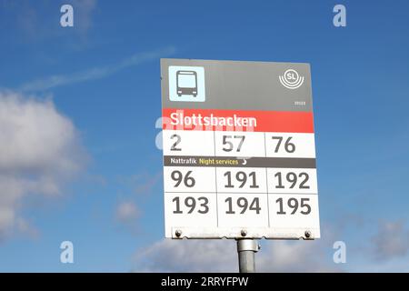 Stoccolma, Svezia - 31 agosto 2023: Vista ravvicinata dell'insegna Slottsbacken della fermata dell'autobus presso il palazzo reale. Foto Stock