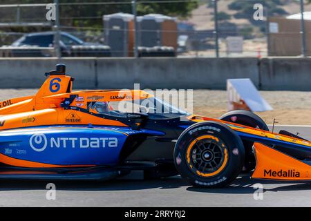Monterey, CALIFORNIA, USA. 7 settembre 2023. Il pilota DELLA INDYCAR Series, FELIX ROSENQVIST (6) di Varnamo, in Svezia, attraversa le curve durante una sessione di prove per il Firestone Grand Prix di Monterey al WeatherTech Raceway Laguna Seca di Monterey, CALIFORNIA. (Immagine di credito: © Riley S Bridges Grindstone Media/ASP) SOLO USO EDITORIALE! Non per USO commerciale! Foto Stock