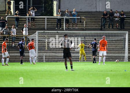 Charleroi, Belgio. 9 settembre 2023. Rigore per Charleroi nella foto durante una partita di calcio tra R. Olympic Club Charleroi e KMSK Deinze nella Crocky Cup 2023-2024 il 9 settembre 2023 a Charleroi, in Belgio. Credito: Sportpix/Alamy Live News Foto Stock