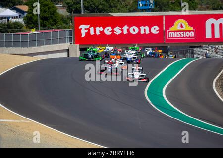 Monterey, CALIFORNIA, USA. 9 settembre 2023. INDYCAR NXT del pilota Firestone Series, HUNTER MCELREA (27) di Gold Coast, Australia, corre a turno durante il Firestone Grand Prix di Monterey sul WeatherTech Raceway Laguna Seca di Monterey, CALIFORNIA. (Immagine di credito: © Kenneth L Weisenberger Grindston/ASP) SOLO USO EDITORIALE! Non per USO commerciale! Crediti: ZUMA Press, Inc./Alamy Live News Foto Stock