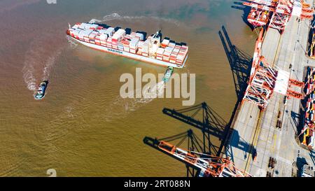 SHANGHAI, CINA - 9 SETTEMBRE 2023 - diverse grandi navi portacontainer effettuano operazioni di movimentazione container presso il terminal i del porto di acque profonde di Yangshan Foto Stock