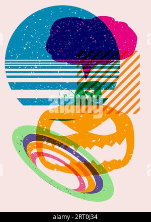 Poster a grafico riso di Halloween con Jack o' Lantern, bolla vocale e forme geometriche. Tema natalizio astratto. Elementi geometrici astratti risografo pri Illustrazione Vettoriale