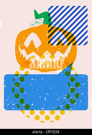 Poster a grafico riso di Halloween con Jack o' Lantern, bolla vocale e forme geometriche. Tema natalizio astratto. Elementi geometrici astratti risografo pri Illustrazione Vettoriale