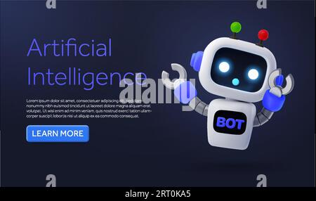 Template banner assistenza 3d ai o robot con pulsante CTA. Robot intelligente e carino con testa e corpo, posa di benvenuto, isolato sullo sfondo. illustrazione vettoriale 3d. Illustrazione vettoriale Illustrazione Vettoriale