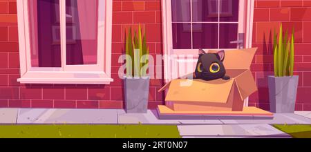 Gatto nero senzatetto seduto in scatola di cartone sul portico della casa con il tempo soleggiato. Illustrazione di cartoni animati vettoriali di un gattino carino e soffice in attesa di un nuovo maestro vicino Illustrazione Vettoriale