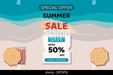 Offerta speciale modello di buono sconto per la promozione estiva. Ombrellone e sdraio. Illustrazione Vettoriale