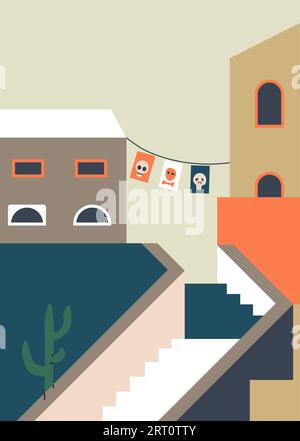 Facciate ed esterni di case, strada cittadina con bandiere decorative. Scale e finestre, architettura e tradizioni. Paesaggio urbano, case e b Illustrazione Vettoriale
