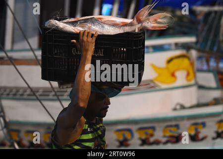 Belem, Brasile. 9 settembre 2023. Un pescatore trasporta una scatola di pesce al mercato del pesce di Ver-o-peso a Belem, stato di Para, Brasile, 9 settembre 2023. Crediti: Lucio Tavora/Xinhua/Alamy Live News Foto Stock