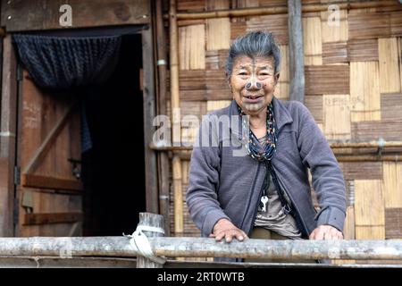 Donna della tribù degli apatani in una casa di un piccolo villaggio vicino a Ziro, con tradizionali tatuaggi facciali e tappi per naso tradizionali, Ziro, India Foto Stock